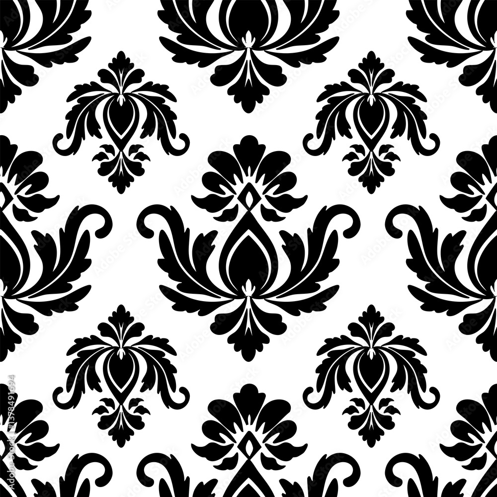Fototapeta premium Damask seamless floral background, black ornament and white background, vector illustration elegant for textile design, wall paper, bedding, wrapping, curtains, cushion, scarf, rug, decoration