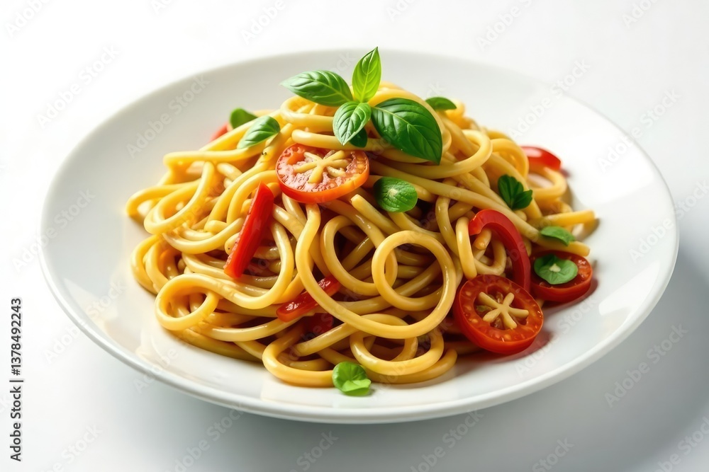 Stir-fried noodles with vegetables on white background, photography, simple Stir-fried noodles with vegetables on white background, photography, simple