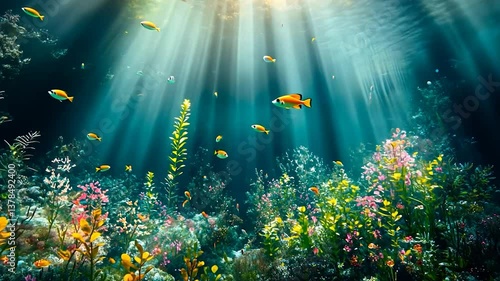 Sunbeams illuminate vibrant coral reef, colorful fish swim