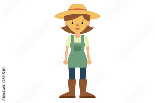 Flat Cartoon Woman with Hat, Overalls and Brown Boots on White Background