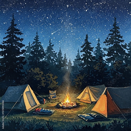 Realistic watercolor painting, campsite at night.