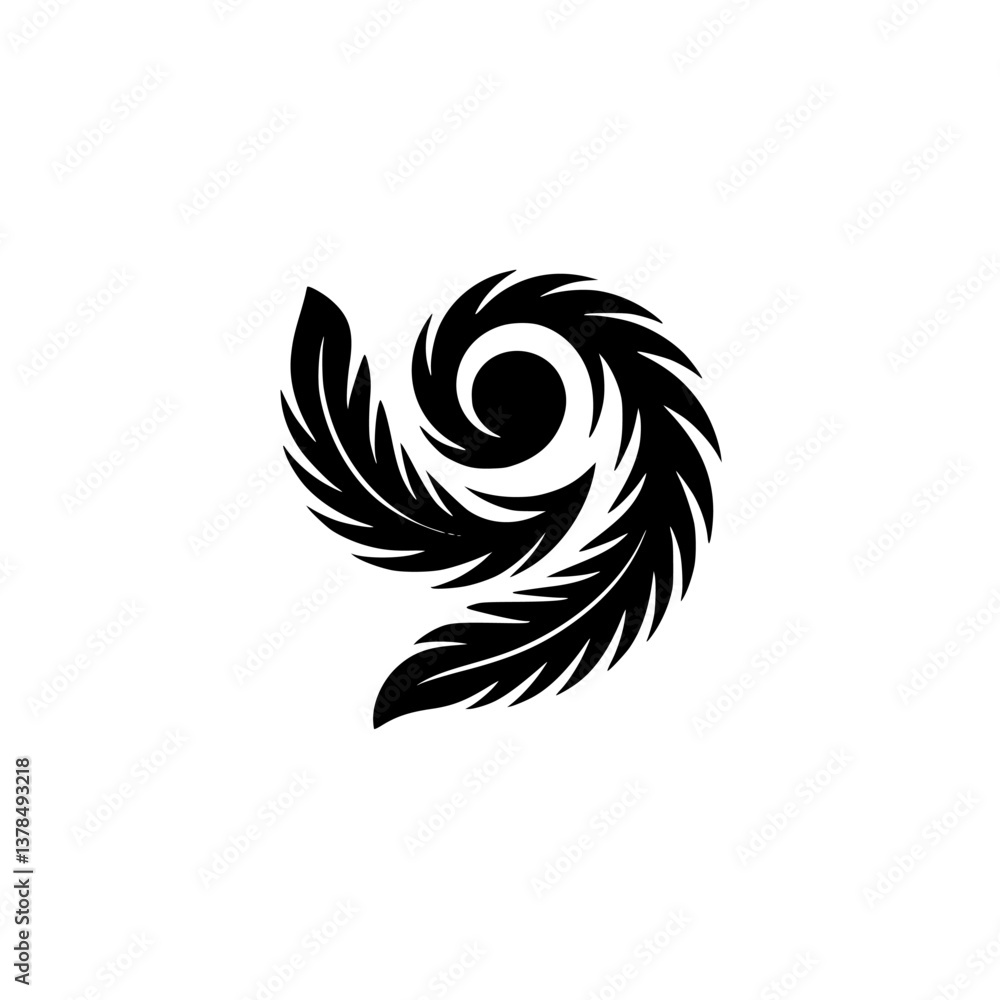 Obraz premium Abstract Feather Swirl Logo in Black and White, Minimalist Design