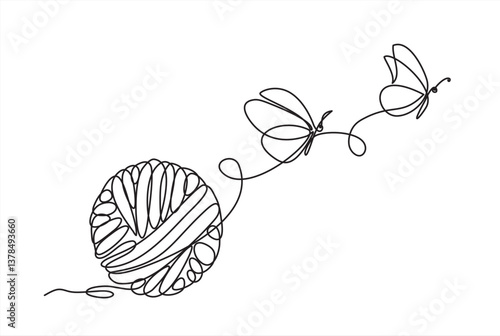 Chaos and butterfly, abstract minimalist concept. Metaphor of disorganized difficult problem found solution, mess with single continuous tangle thread in need of unraveling. Editable stroke.