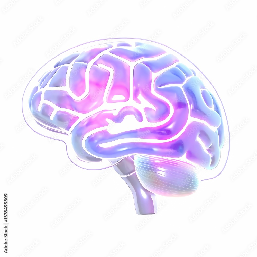 3D glowing brain illustration with intricate neon details in shades of purple, blue, and pink. Abstract representation of cognitive processes, neuroscience. 3D illustration. 3D glowing brain illustration with intricate neon details in shades of purple, blue, and pink. Abstract representation of cognitive processes, neuroscience. 3D illustration.