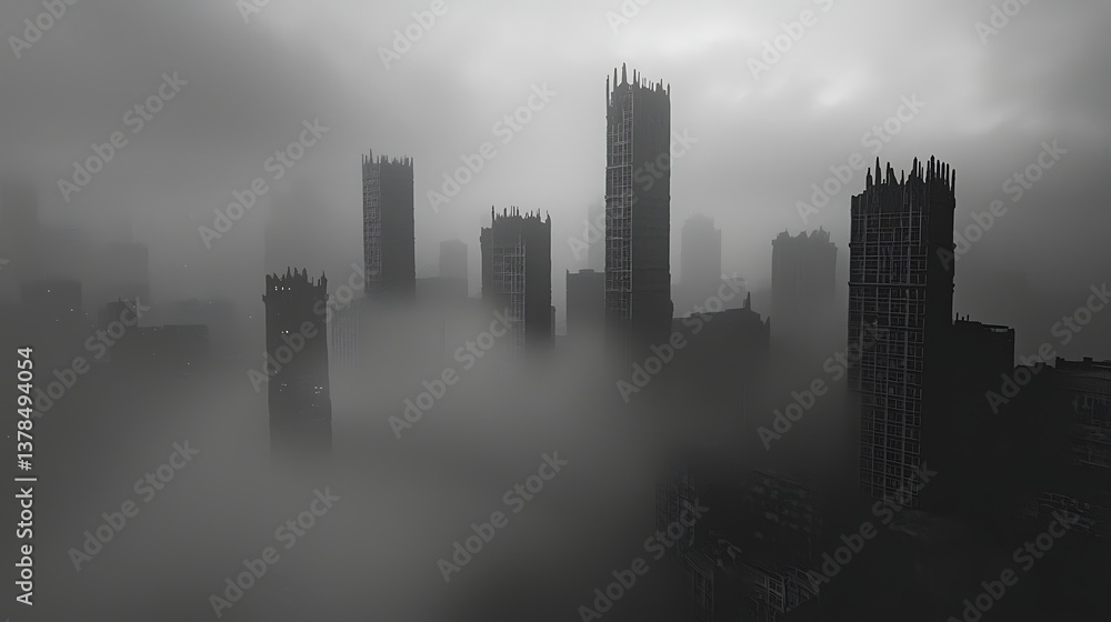 Monochromatic urban landscape featuring skyscrapers shrouded in thick fog Monochromatic urban landscape featuring skyscrapers shrouded in thick fog