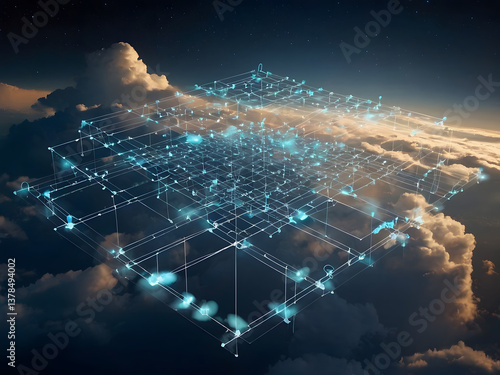 Cloud Network: Digital grid overlayed on a serene, cloud-filled sky, evoking themes of connectivity and the expansive digital realm.