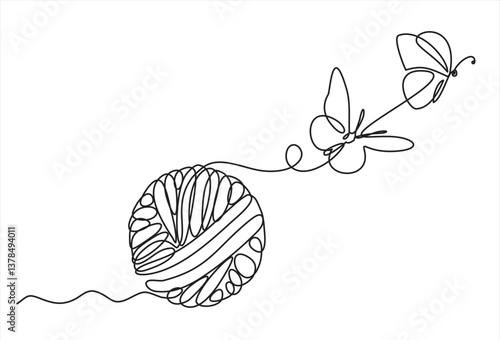 Chaos and butterfly, abstract minimalist concept. Metaphor of disorganized difficult problem found solution, mess with single continuous tangle thread in need of unraveling. Editable stroke.