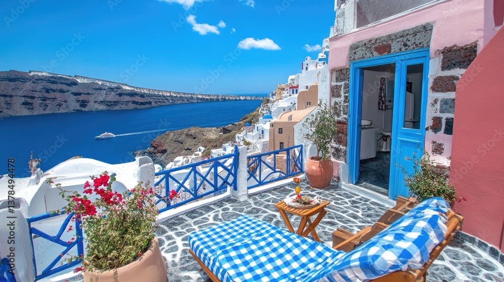 Fototapeta premium Mediterranean Escape: Santorini's Breathtaking View from a Private Balcony