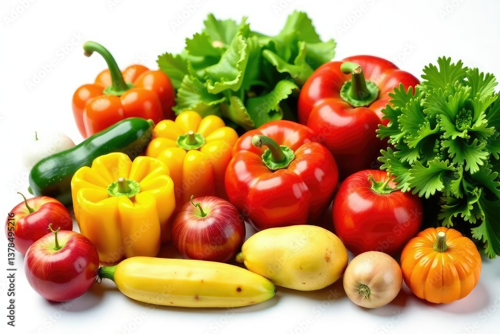 Variety of organic fruits & vegetables isolated on white, fresh, background, tasty Variety of organic fruits & vegetables isolated on white, fresh, background, tasty