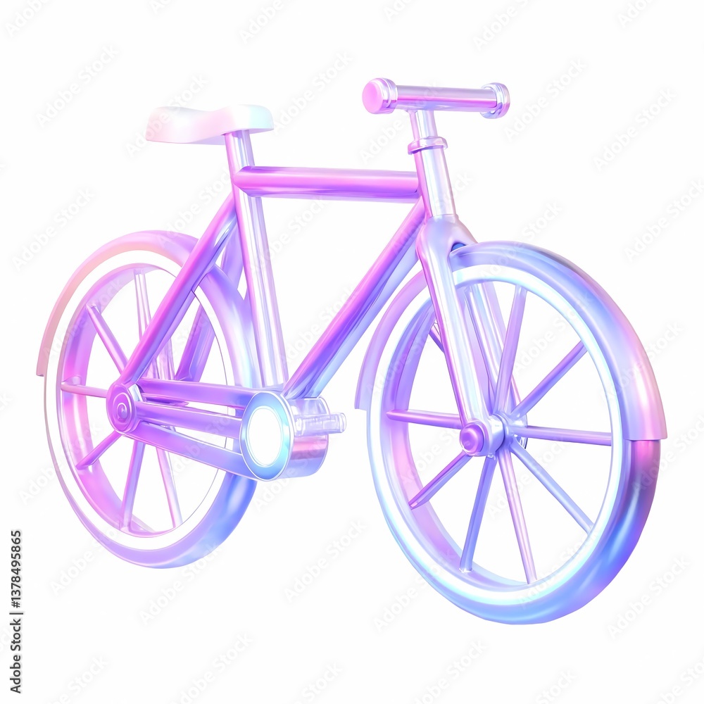 3D futuristic bicycle with iridescent metallic finish. Sleek, modern design featuring smooth curves and glowing neon accents on the wheels. 3D illustration. 3D futuristic bicycle with iridescent metallic finish. Sleek, modern design featuring smooth curves and glowing neon accents on the wheels. 3D illustration.