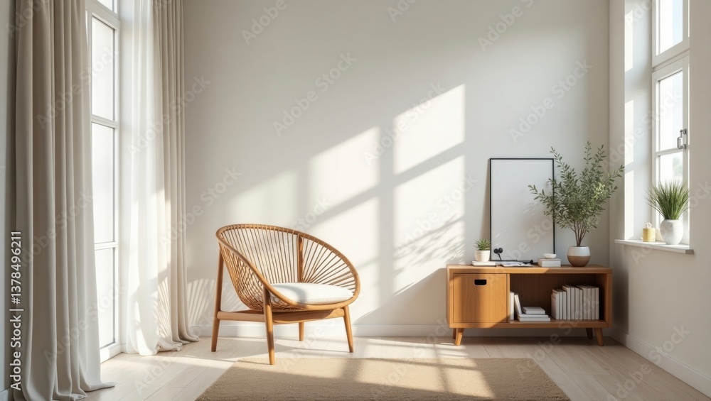 Fototapeta premium Stylish chair in a cozy scandinavian room offering comfort and aesthetic appeal with soft textures and warm lighting