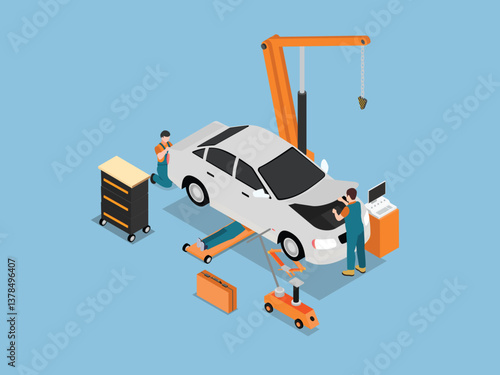 3D Isometric Car Repair and Maintenance Garage