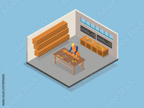 3D Isometric Carpenter Working in Carpentry Shop