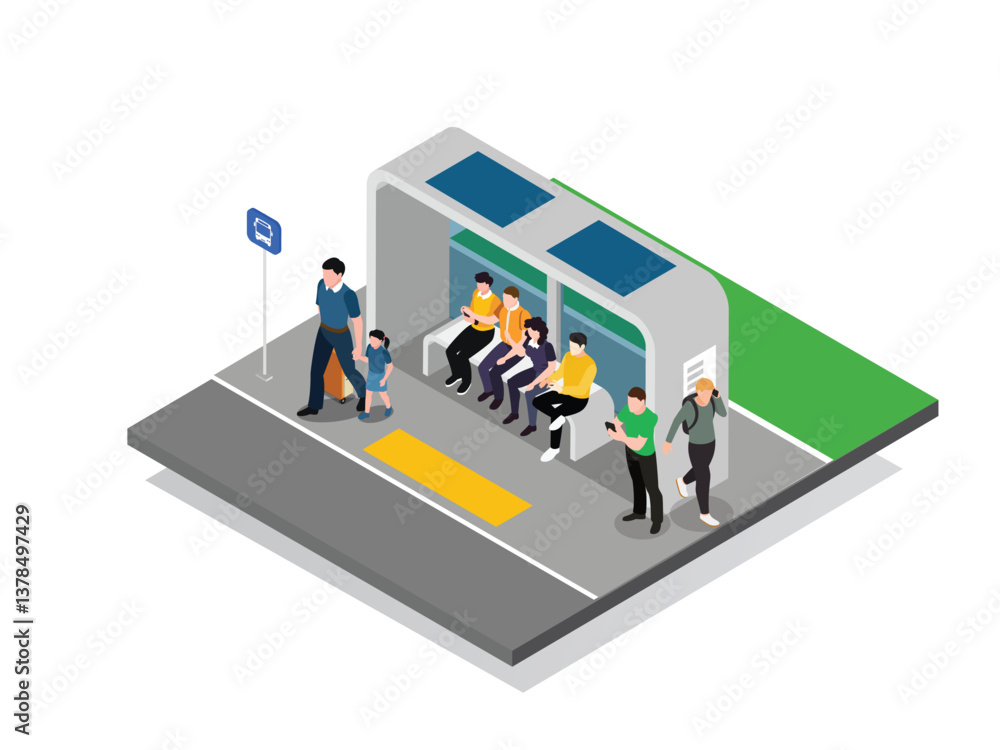 3D Isometric illustration of a modern bus stop with people waiting