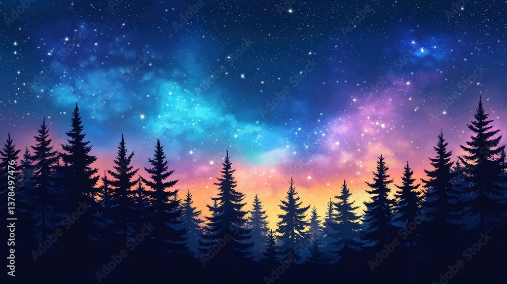 Fototapeta premium Vibrant Night Sky: Mystical Milky Way Over Pine Trees in Forest