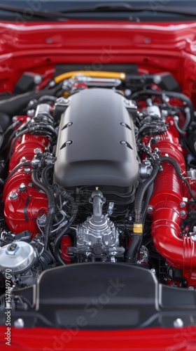 close up view of modern car engine with red and black components, showcasing intricate details and clean design, perfect for automotive