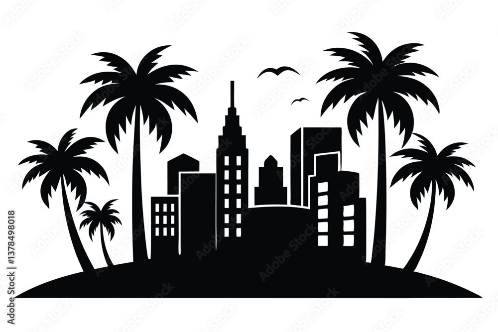 Obraz premium Black Silhouette Skyline with Palm Trees and Birds Icon, Transparent