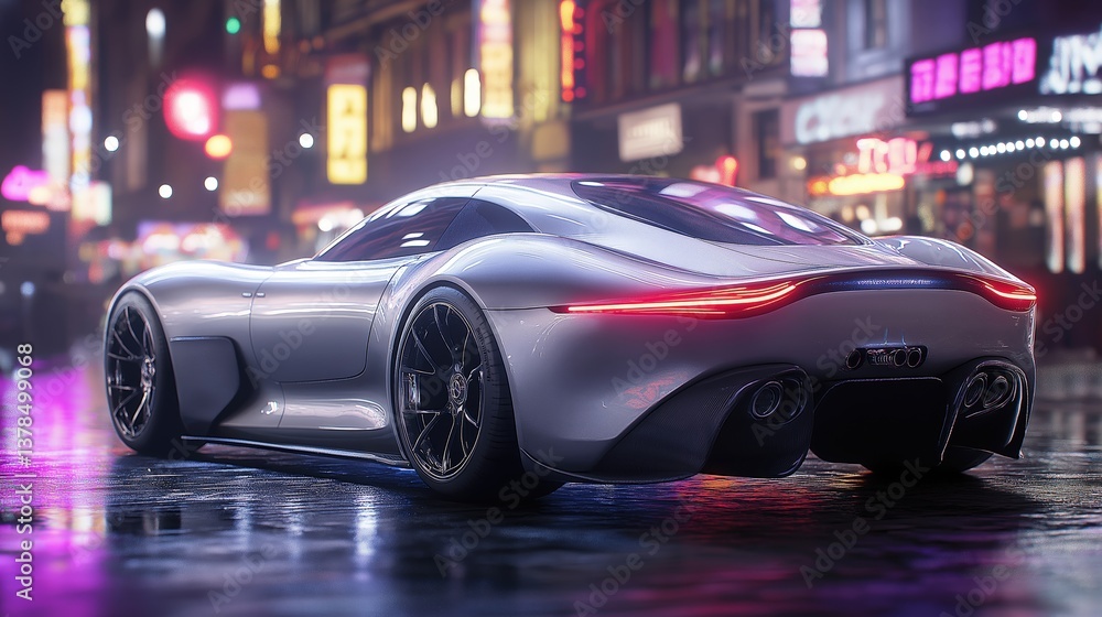 Fototapeta premium Explore Sleek Supercars Against Vibrant Cityscape in Nighttime Neon Lights - A Fusion of High-Performance Luxury and Cutting-Edge Urban Design