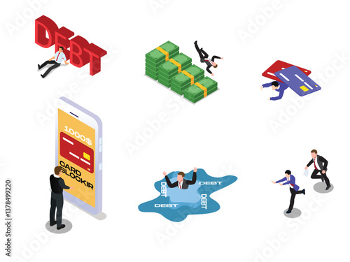Isometric illustration showcasing various aspects of financial debt