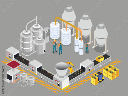 3D Isometric illustration of a beer brewery production line showcasing various stages