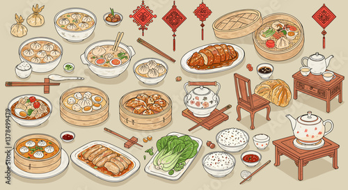 A delicious spread of Asian cuisine, featuring dumplings, noodles, and roasted meats.