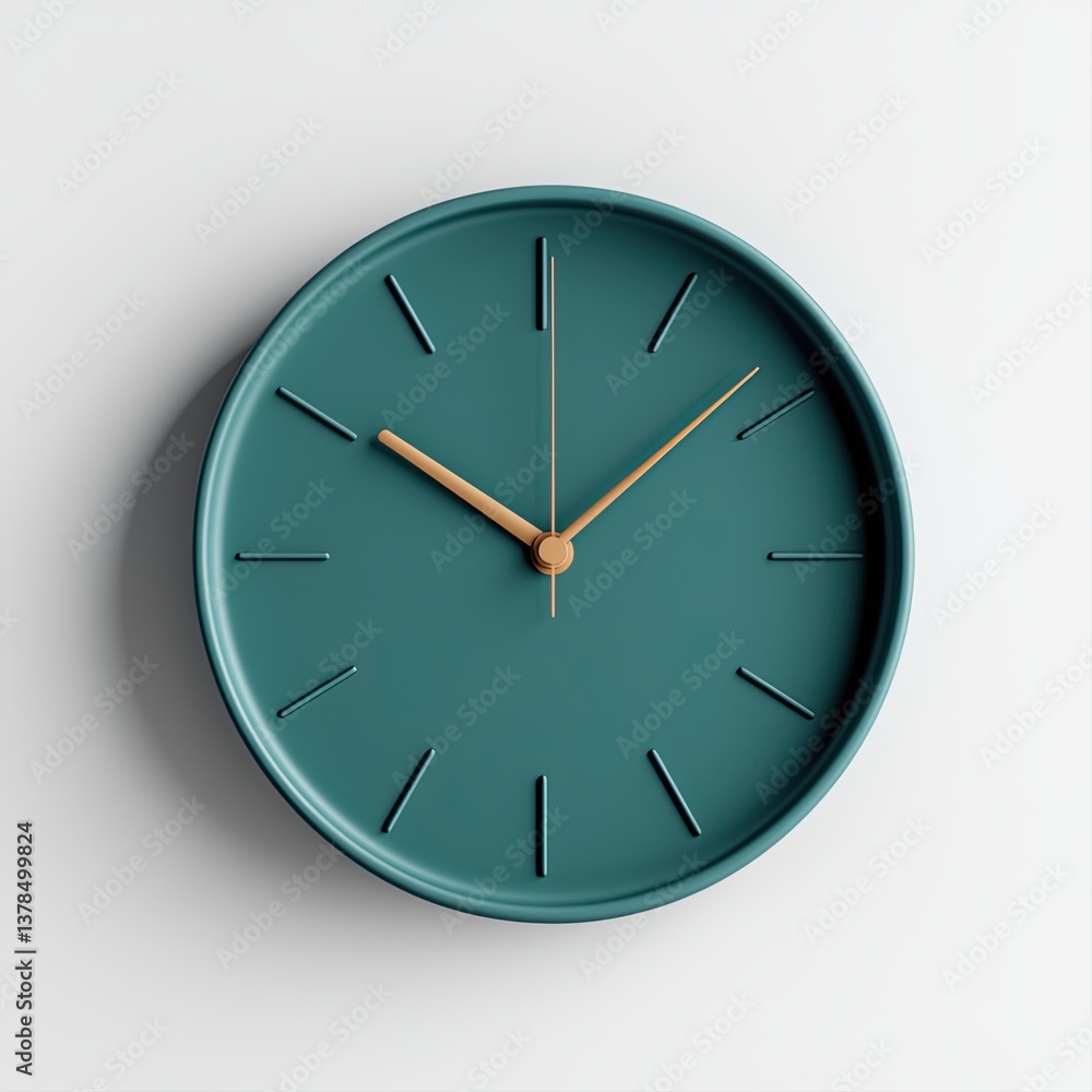 Minimalist Teal Wall Clock with Gold Hands on White Background Minimalist Teal Wall Clock with Gold Hands on White Background