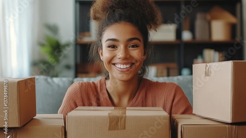 A happy freelancer sme businesswoman working on shipping boxes at home.