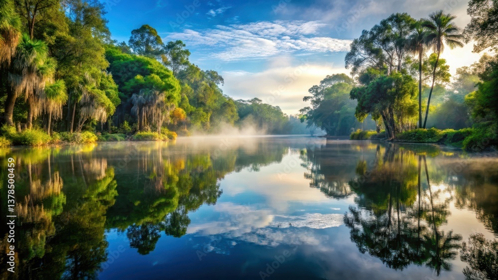 Fototapeta premium Serene lake waters reflect a misty veil, surrounded by lush greenery and towering trees in Overlook Park Seminole County Florida, misty atmosphere, park scenery