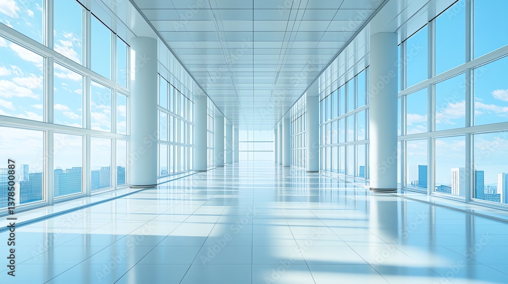 Walking Through Bright Modern Corridor with City View and Reflections Walking Through Bright Modern Corridor with City View and Reflections