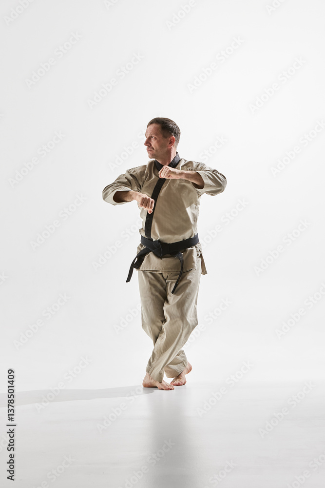 Martial arts master in beige dobok demonstrating classic taekwondo hand block against white background. Concept of taekwondo, movement, defense, training, technique, self-discipline, combat sport Martial arts master in beige dobok demonstrating classic taekwondo hand block against white background. Concept of taekwondo, movement, defense, training, technique, self-discipline, combat sport