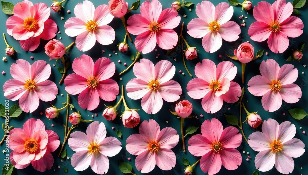 Delicate blossoms arranged in a square grid, forming a bold geometric floral pattern, design, botanical, seamless Delicate blossoms arranged in a square grid, forming a bold geometric floral pattern, design, botanical, seamless