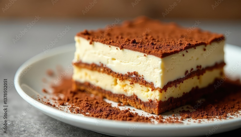 Delectable tiramisu layers visible; dusted cocoa, textured cream, close up, studio shot, culinary Delectable tiramisu layers visible; dusted cocoa, textured cream, close up, studio shot, culinary