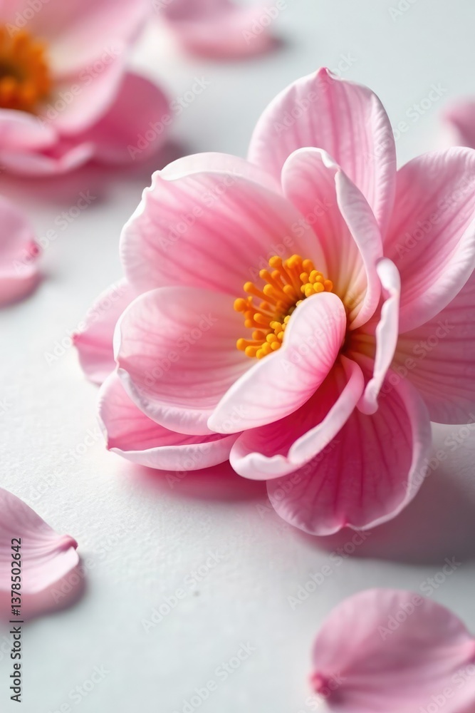 Delicate flower petals unfolding on a crisp white surface, blossom, floral Delicate flower petals unfolding on a crisp white surface, blossom, floral