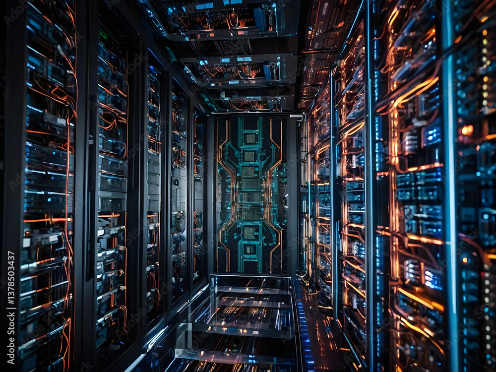 Fototapeta premium Data Center's Core: A captivating view inside a modern data center, showcasing server racks filled with powerful hardware and intricate network connections.