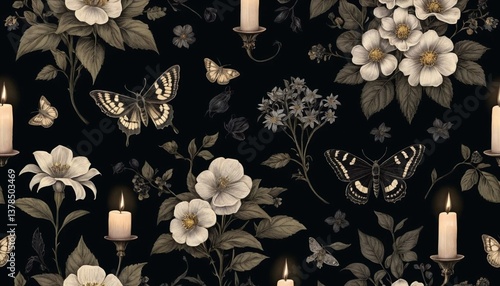 Gothic cottage core wallpaper with inky black backgrounds and delicate pressed nightshade flowers, moth illustrations, and candlelight 