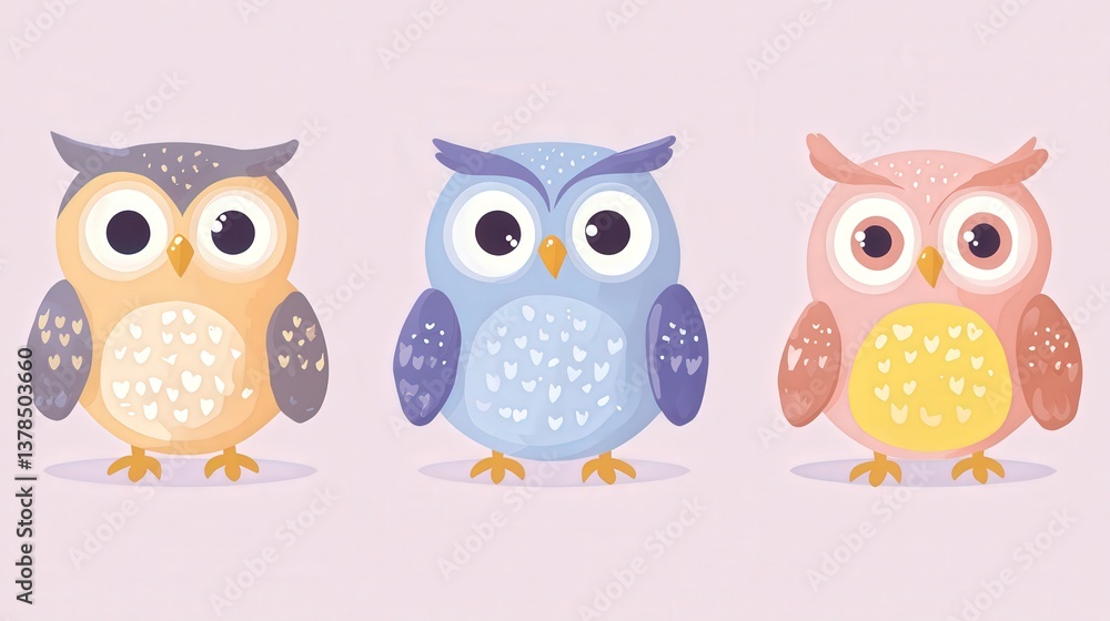 Fototapeta premium Whimsical owls in pastel hues gaze forward. A charming illustration with a soft pink backdrop evokes a sense of gentle curiosity
