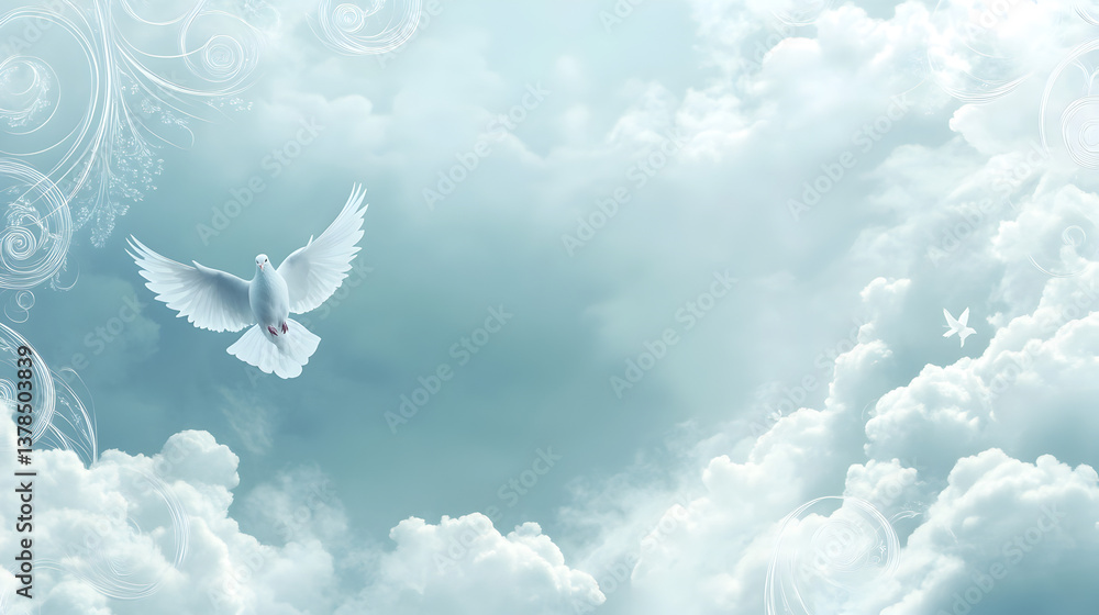 Naklejka premium diseño de fondo para esquela para recordar a un difunto anuncio de un funeral fondo con espacio de copia entre nubes en el cielo con una paloma blanca para celebrar el luto