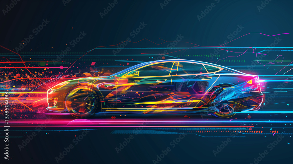 A modern electric car, with flowing, multicolored lines that give it an energetic, forward-moving feel. A modern electric car, with flowing, multicolored lines that give it an energetic, forward-moving feel.