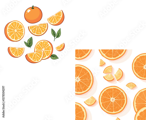 Seamless pattern with fresh oranges and slices with leaves on white background
