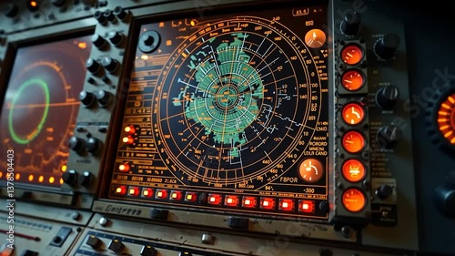 Vintage aircraft cockpit display with radar and gauges
