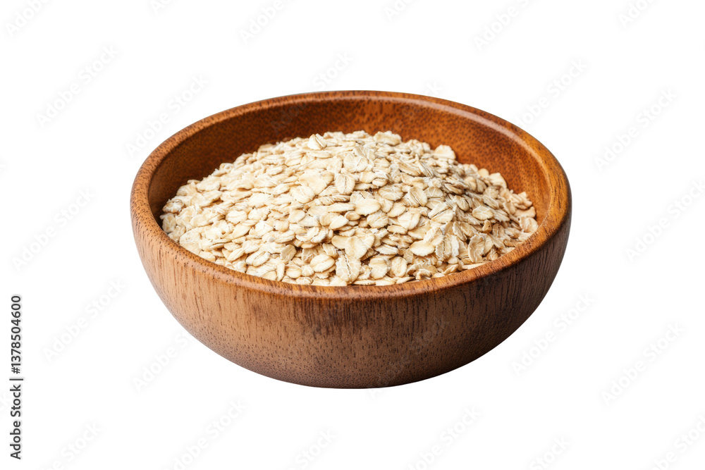 Wooden bowl filled with nutritious rolled oats, cut out Wooden bowl filled with nutritious rolled oats, cut out