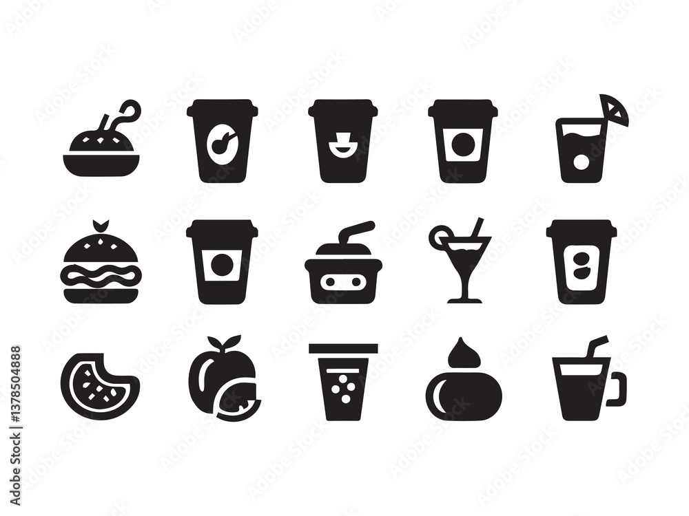 Fototapeta premium Collection of Minimalist Food and Drink Icons Isolated on a White Background