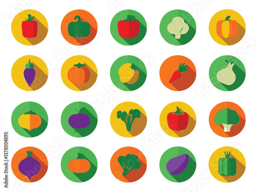 Colorful Flat Design Vegetable Icon Set with Long Shadows on White Background
