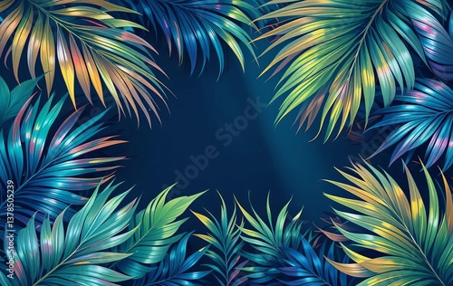 Wallpaper Mural A close-up of tropical and palm leaves in vibrant holographic colors Torontodigital.ca