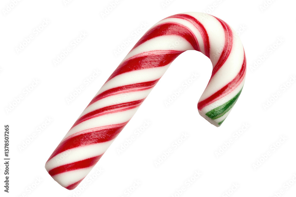 Obraz premium Classic red and white peppermint candy cane with green stripe detail, cut out
