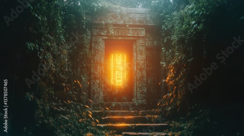 Wallpaper Mural Ancient temple with glowing entrance hidden in dense jungle at twilight Torontodigital.ca