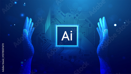 Futuristic digital ai hand holding AI microchip with circuit board connections, artificial intelligence and machine learning, blue technology background