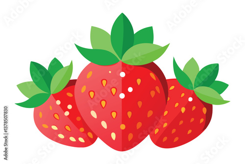 Three Glossy Red Strawberries with Seeds and Green Leaves on White Background