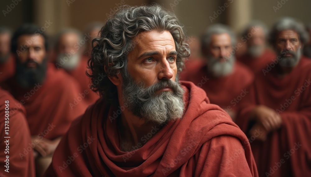 Close-up photo of Plato looking away with deep thought. Bearded man in red robe represents ancient Greek philosopher in classroom, academy. Concept of intellectual, wisdom, philosophy, education. Close-up photo of Plato looking away with deep thought. Bearded man in red robe represents ancient Greek philosopher in classroom, academy. Concept of intellectual, wisdom, philosophy, education.