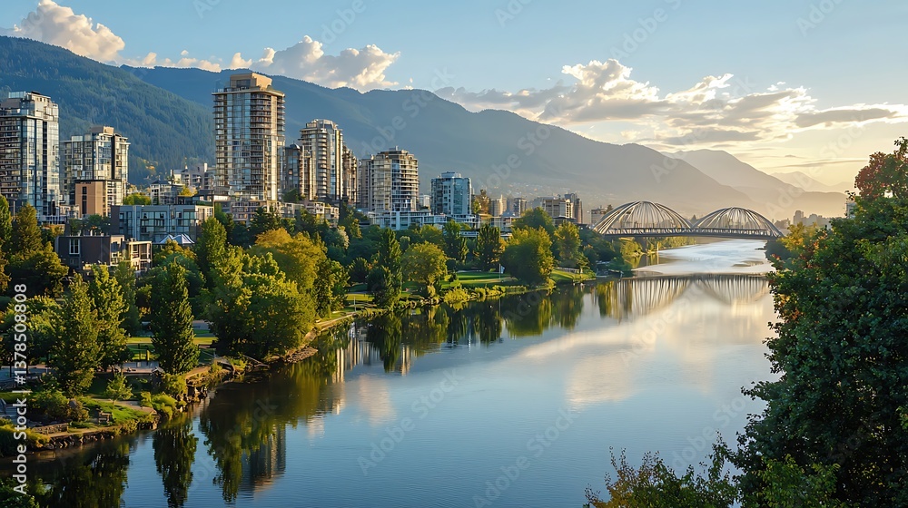 Fototapeta premium Picturesque Riverfront Cityscape with Mountains and Reflecting Water